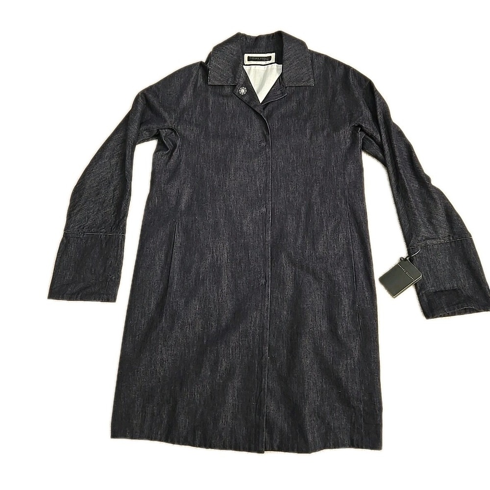 NEW Fabiana Filippi Long Blazer Jacket Dark Blue Cotton Rhinestone Sz M Italy